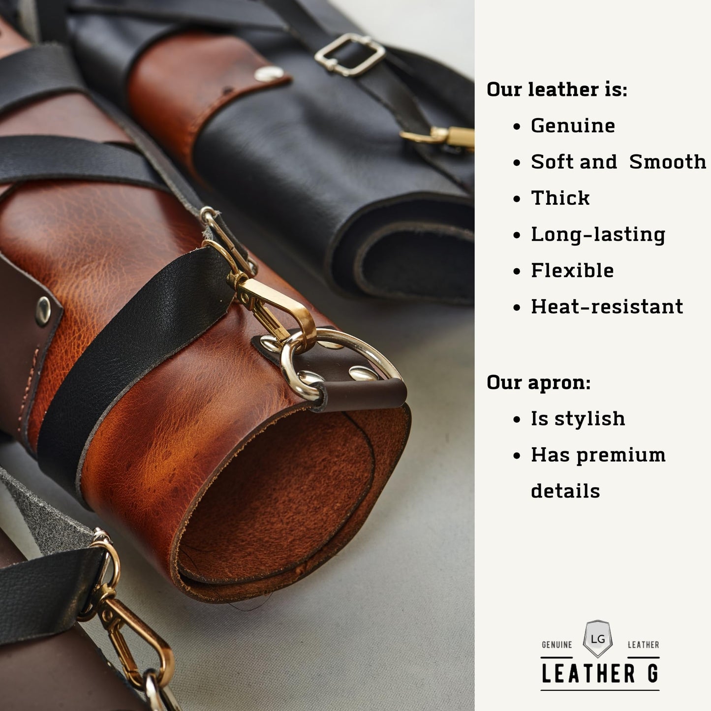 Leather G, Grill Apron with Beer Holder and Hand Towel, BBQ Pitmaster Apron – Heavy Duty, Made of Genuine Leather – Storage Pockets and Adjustable Straps for Grilling, Cooking (Brown Leather)