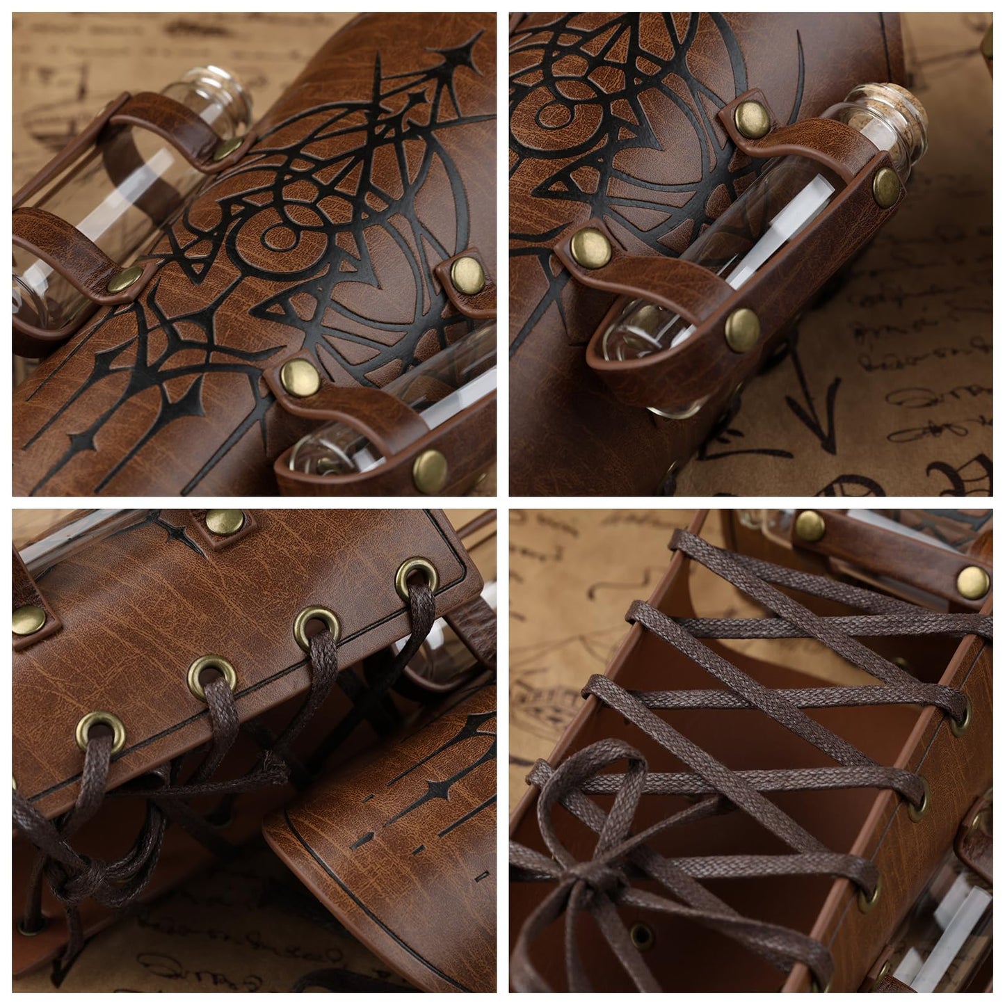 HiiFeuer Women’s Medieval Embossed Alchemy Bracers with 2 Cork Vials, Fantasy Faux Leather Buckle Arm Guards Archer Gauntlets (Brown B)