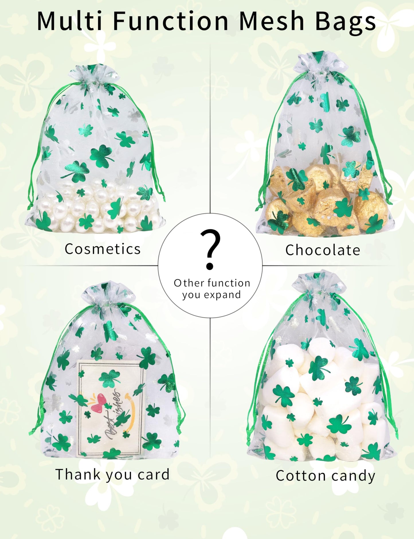 Jexila 50PCS St.Patrick's Day Organza Gift Bags Shamrock Clover Drawstring Goodie Treat Bag St.Patrick's Party Favors for Kids Classroom