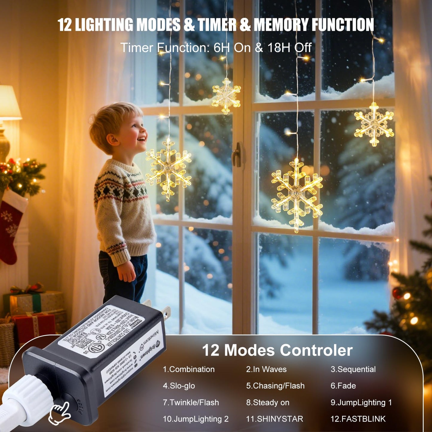 Minetom Christmas Snowflake Lights - 13ft 192LED Snowflake Icicle Lights with 16 Drops, 12 Modes and Timer, IP65 Waterproof Connectable Christmas Light for House Eave Indoor Outdoor (Warm White)