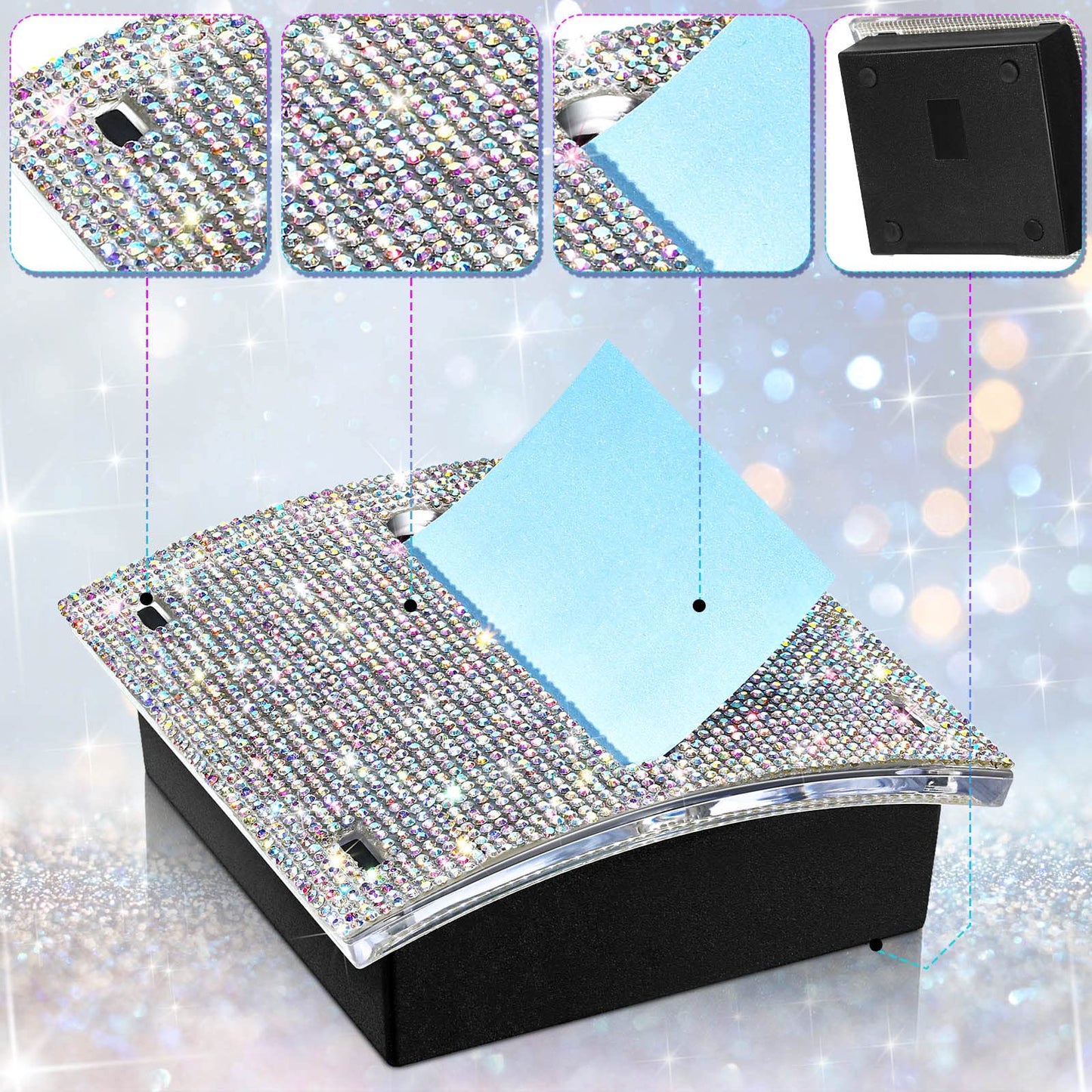 Eersida Rhinestone Self Stick Note Pad Holders 4 x 4 Inches AB Color Cute Note Holder Sticky Dispenser Bling Memo Stick Dispenser for Office Employee Coworkers Gifts Home Desk Supplies