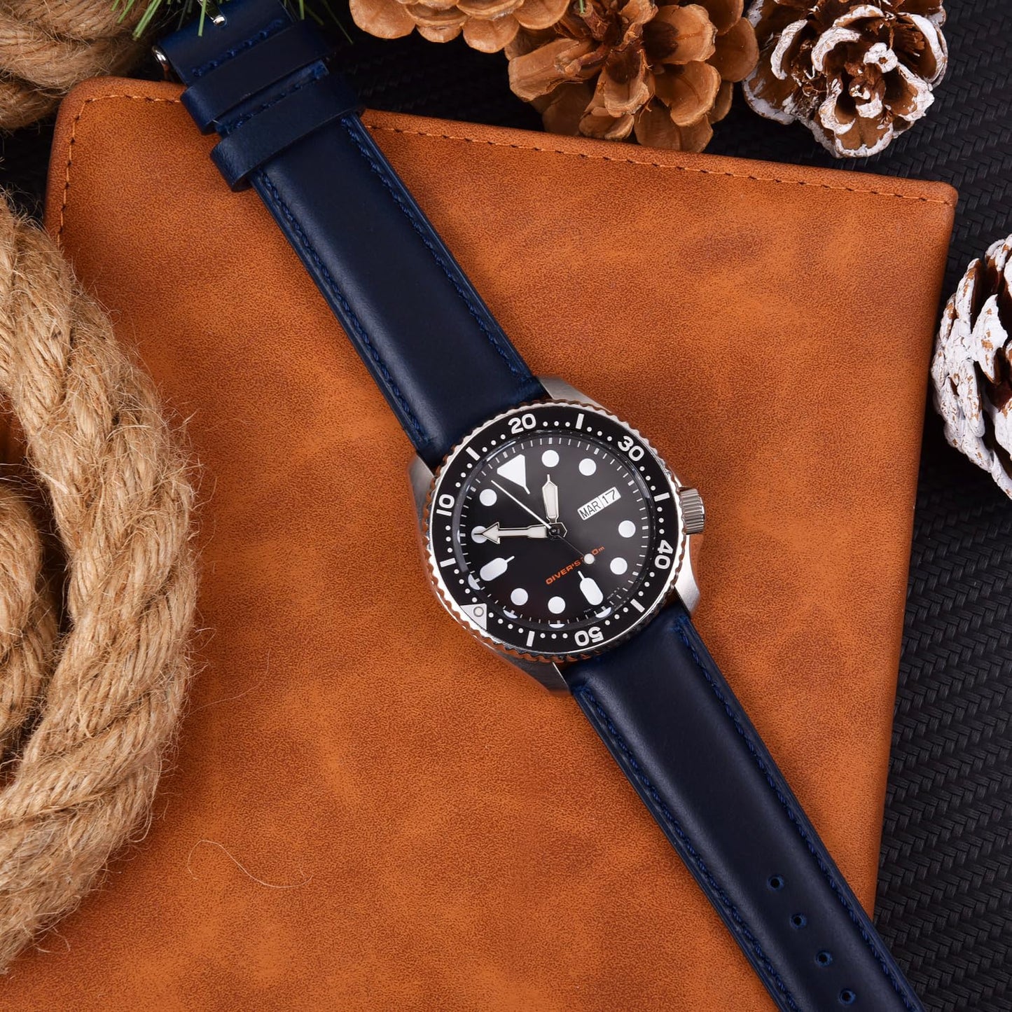 Ritche Quick Release Leather Watch Band 18mm 20mm 21mm 22mm 23mm 24mm Leather Watch Strap, Dark Blue & Silver, 18mm, Classic
