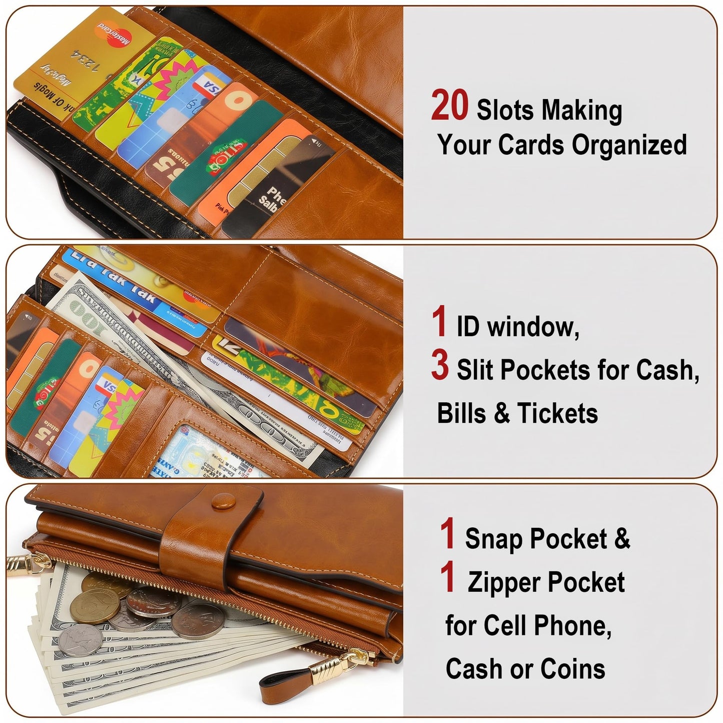 YALUXE Women's Genuine Leather Wallet RFID Blocking with 21 Card Slots ID Window Cash Cell Phone Pocket