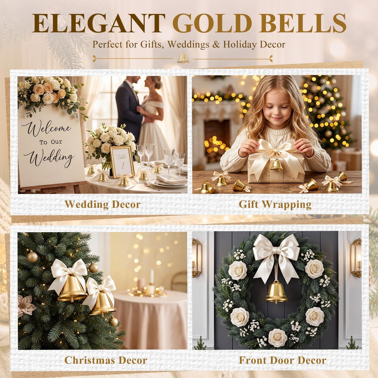 Shimeyao 100 Pieces Gold Bells 1.5 x 1.57 Inch Ornament Small Bells with Spring Hooks for Craft Wind Chimes Dog Potty Training Doorbell Wedding Decor Craft Making Hanging Favor