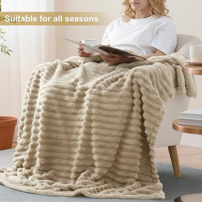 decorUhome Soft Fleece Light Brown Blanket King Size for Bed, Cozy Fluffy Plush Flannel Large Striped Throws for Couch Sofa, Lightweight Decorative Fuzzy Blanket for Woman, 108x90 Inches