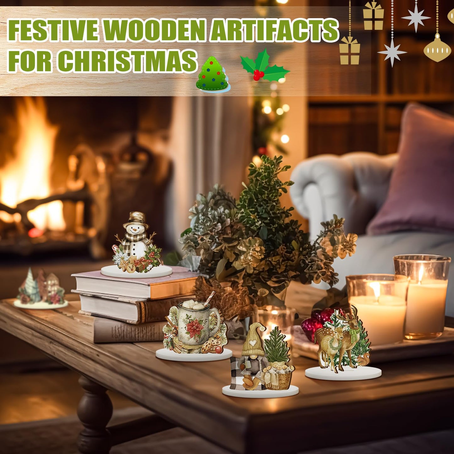 Yousoontic 12Pcs Christmas Rustic Wooden Centerpieces Decorations Winter Santa Snowman Elk Gnome Snowflake Xmas Tree Wooden Signs Farmhouse Tabletop Centerpieces Home Decor for Winter Holiday Dinner