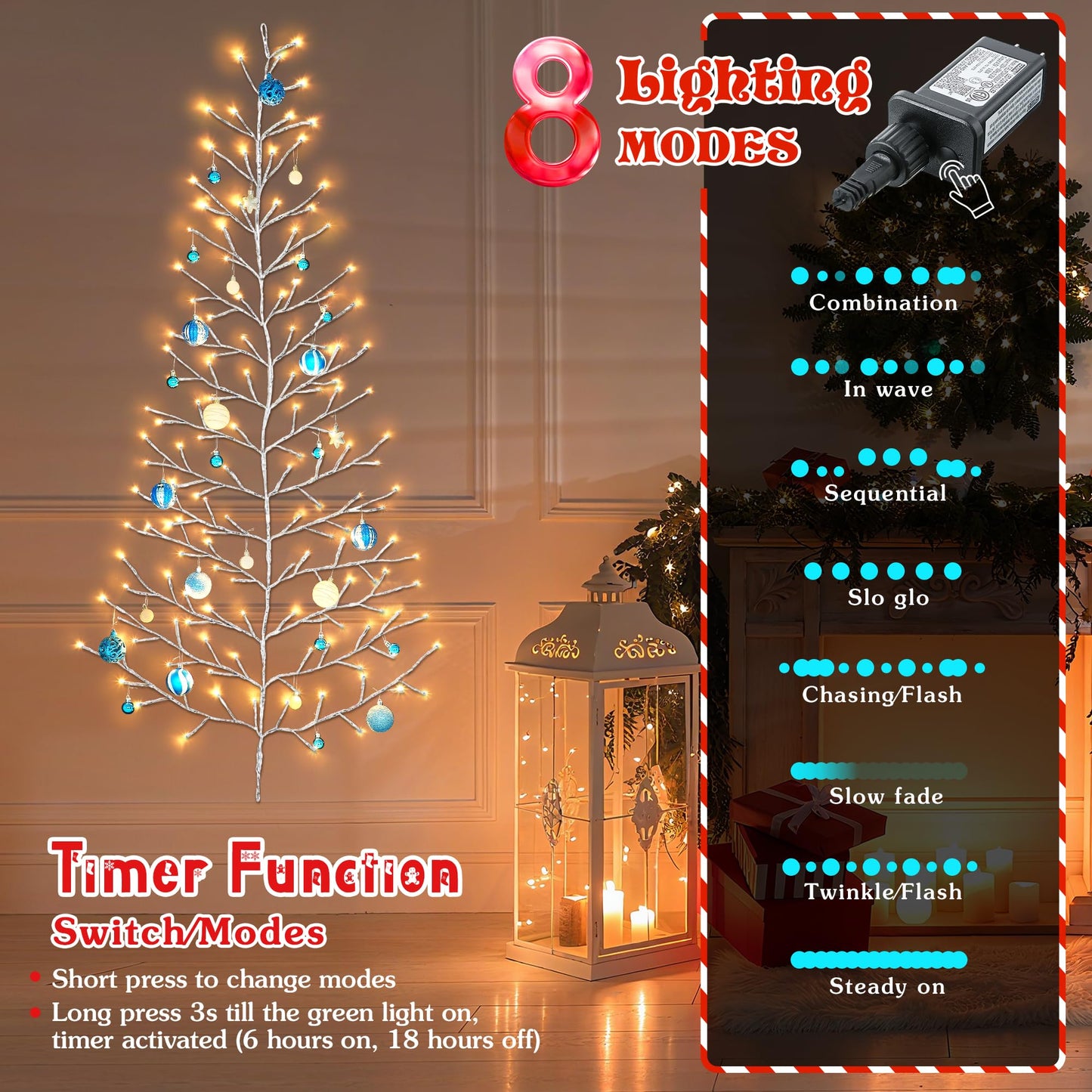 ElectricWise 5 FT 144 LED Lighted Wall Christmas Tree with Decorative Balls, 8 Light Modes Plug in Half Christmas Tree, Hanging Flat Mounted Trees for Holiday Apartment Room (Silver, Blue and White)