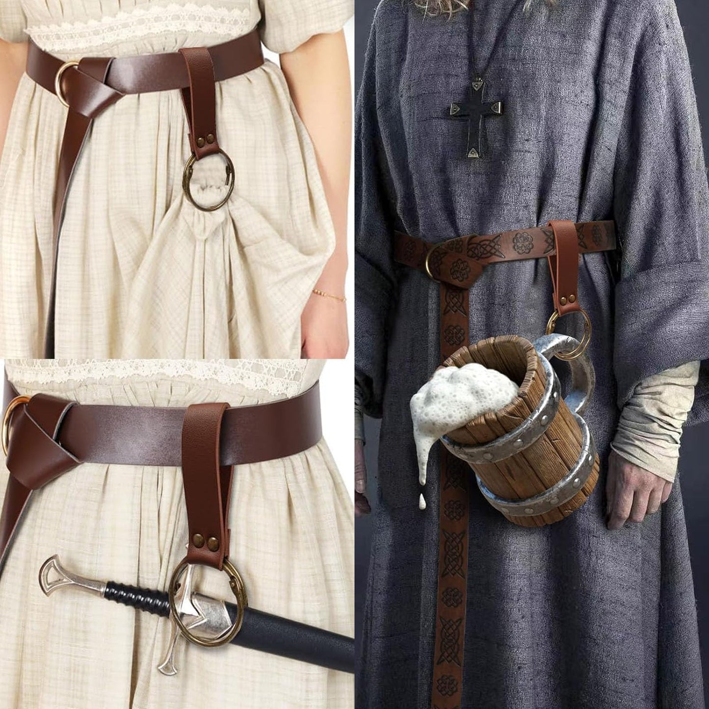 Belt Pouch Waist Bag Fanny Pack Steampunk Phone Holder Medieval Bag Leather Belt Renaissance Cosplay Costume Accessories (2Pouch-Brown)