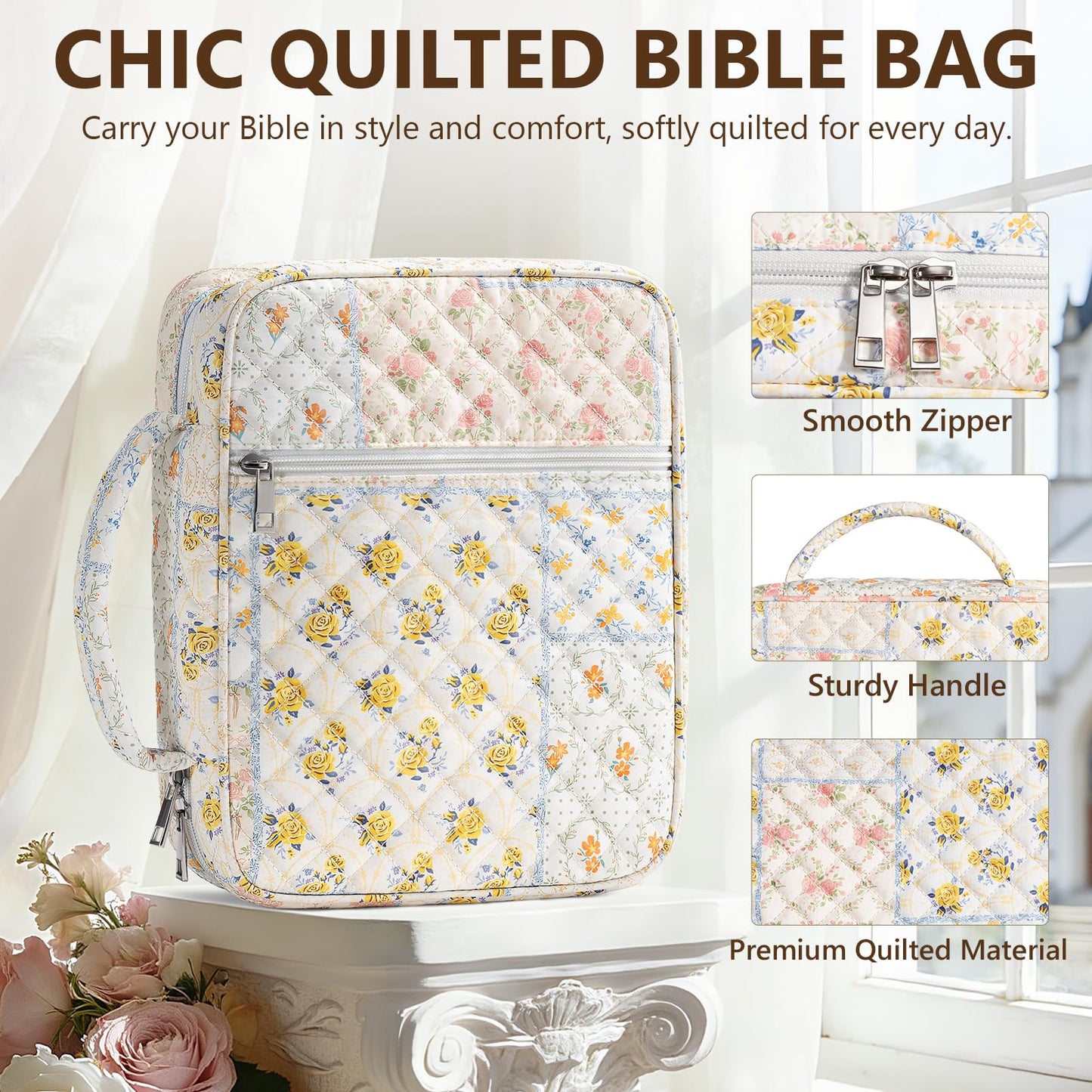 Bible Cover Case for Women Large Bible Bag, Bible Study Supplies Journaling Kit Quilted Church Bag with Handle, Puffer Book Carrying Case w/Tabs Accessories Mothers Day Christian Gifts for Women Mom