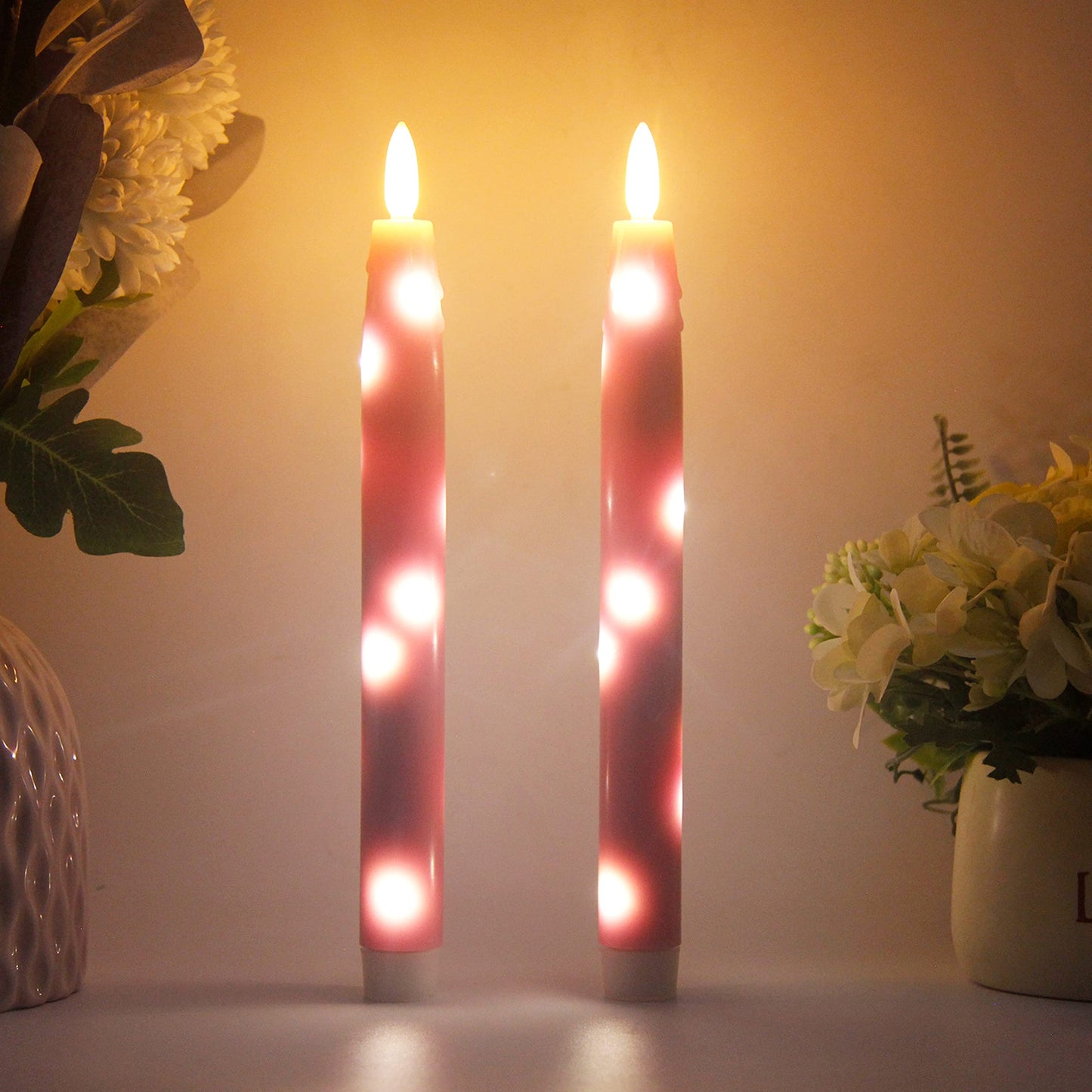HVTDECOR Flameless Flickering Taper Candles Battery Operated with Embedded String Lights, wtih Timer and Remote, LED Real Wax Tapered Dinner Candle Set of 2 (Pink)