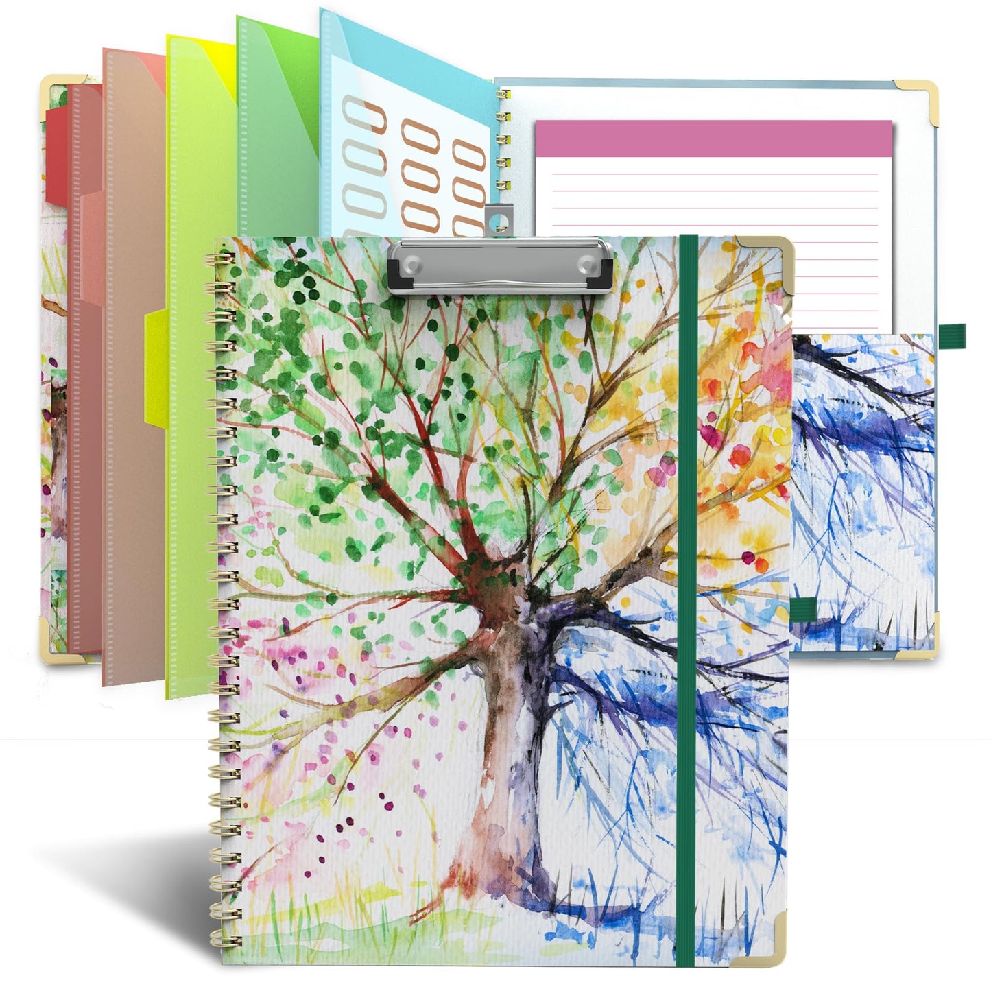 Clipboard Folio with Notepad for Letter Size (11" x 8.5"), 5 Extra Folders with Storage 10 Pockets, 39 File Folder Labels, Elastic Closure Spiral Clipboard with Storage(Tree Seasons)