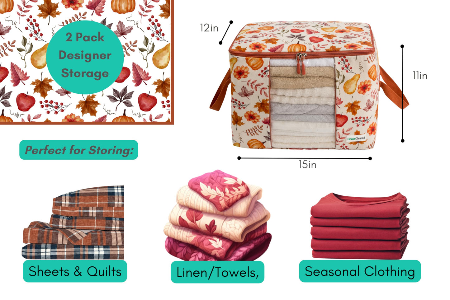 Chaos Cleared Canvas Storage Bags Designer Organizer 2 Pack – Seasonal Storage for Sweaters, Blankets, Linens & Garments – Foldable Design with Zip & Window (Autumn Print)