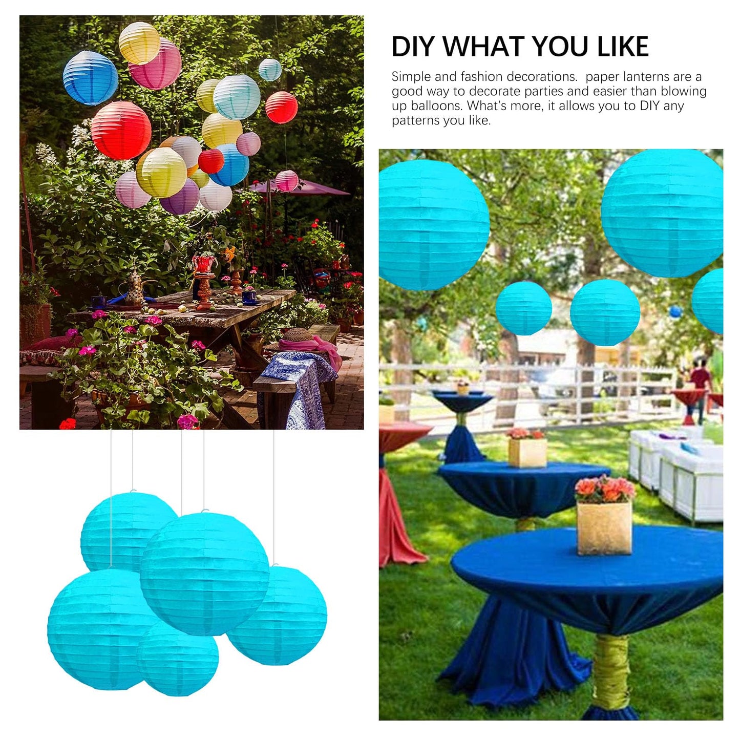 20Pcs Blue Paper Lanterns for Parties, 6” 8” 10” 12” Chinese Asian Hanging Round Paper Lanterns for Birthday Wedding Halloween Christmas Home Decor Party Decor