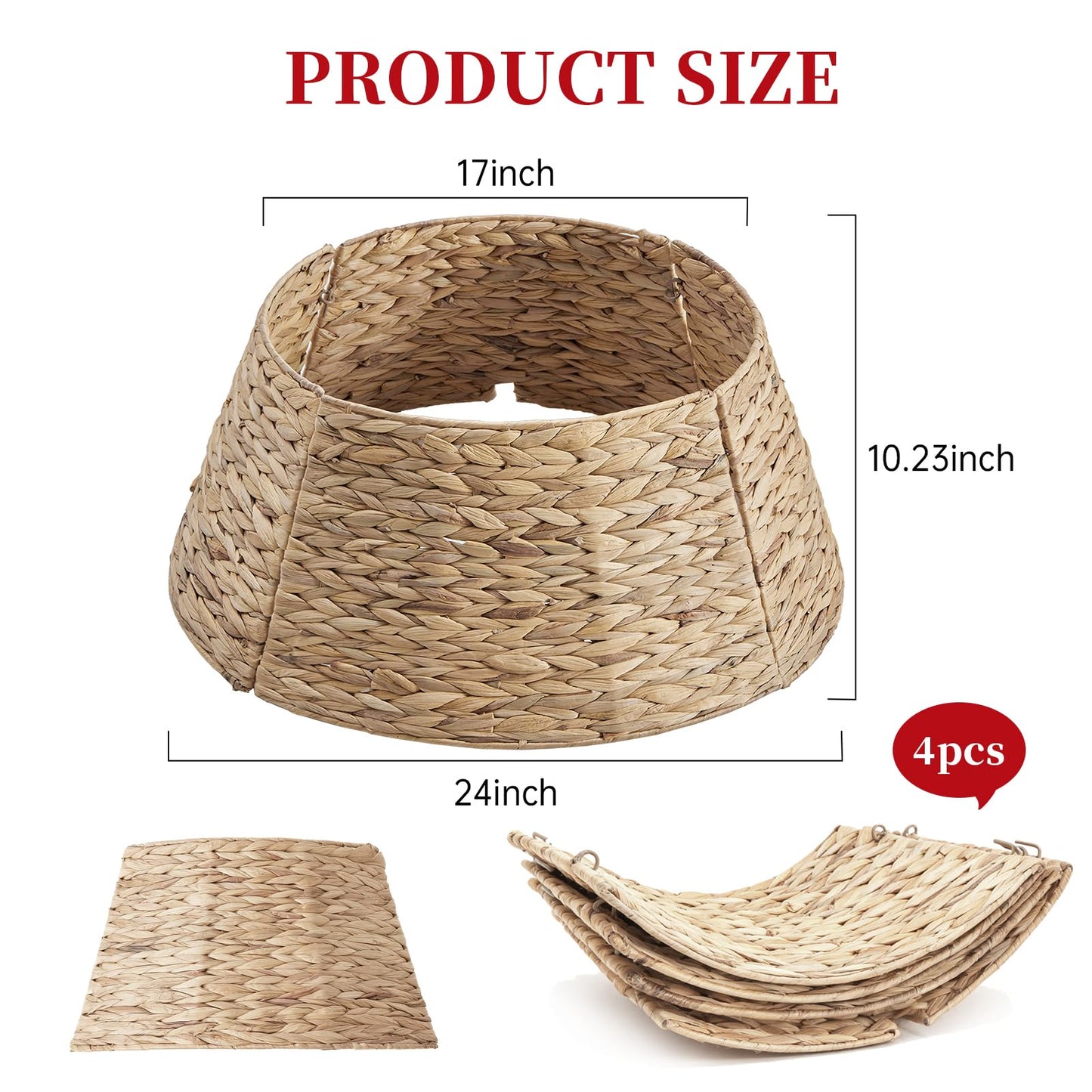 DUMOS 24in Christmas Tree Collar for 4-7ft Trees, Handcrafted Woven Hyacinth Rattan 4-Panel w/Cord Access Hole & Easy Lock Design, Holiday Decor, Natural