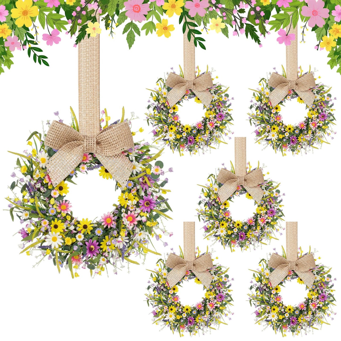 Dingion 6 Pcs 6" Mini Spring Cabinet Wreaths Spring and Summer Wildflower Candle Rings Wreaths for Kitchen with Ribbon Small Floral Wreath for Window Door Farmhouse Wedding Decorations