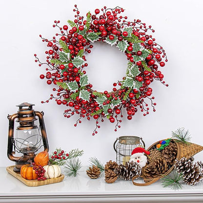 JINGHONG Artificial Christmas Wreath 20 Inch Christmas Wreaths for Front Door Red Berry Wreath with Holly Berries Leaves Pine Needles for Indoor Outdoor Xmas Winter Holidays