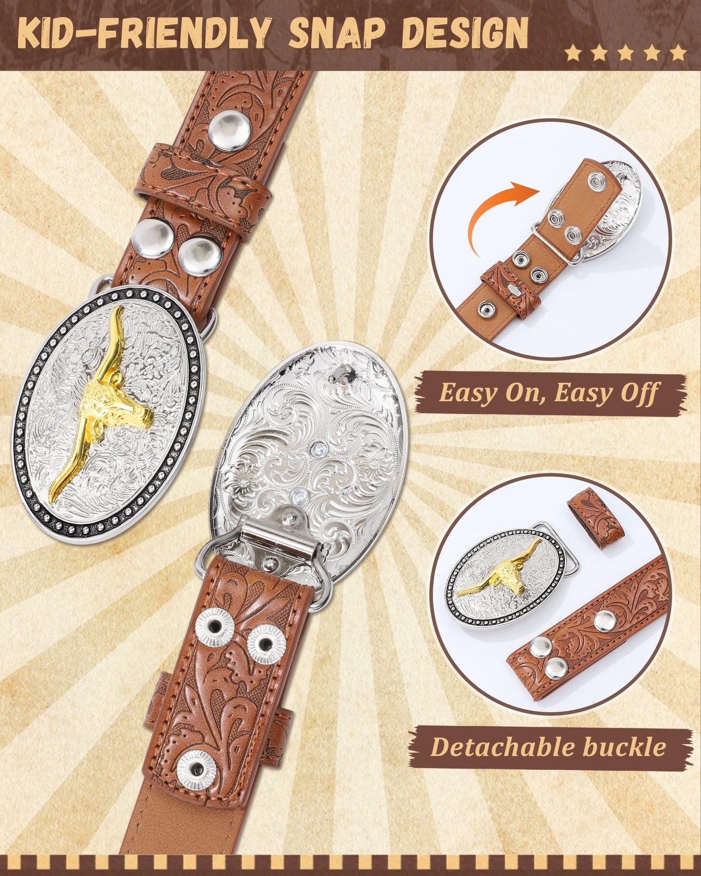 AWAYTR Kids Western Belt with Detachable Buckle - PU Leather, 3 Sizes (23"-34.5"), Adjustable for Daily Wear & Halloween (Cow Buckle-Brown, Fit Waist: 26.5"-30")