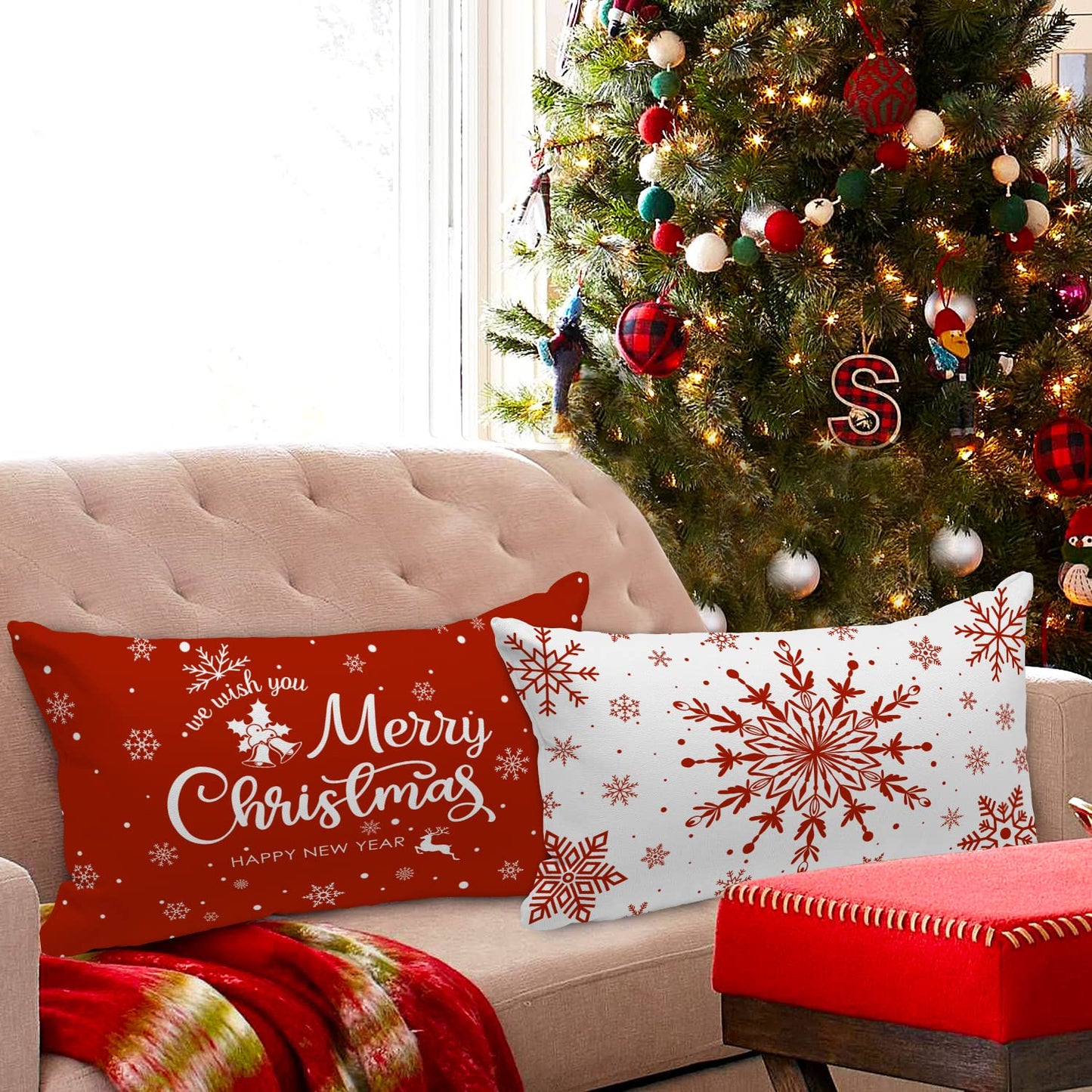Lanpn Christmas Lumbar Throw Pillow Covers 12x24 Set of 4, Merry Christmas Winter Xmas Snowflake Decorative Holiday Cushion Pillow Cases 12 x 24 for Indoor Farmhouse Home Room Couch Decor (Red)