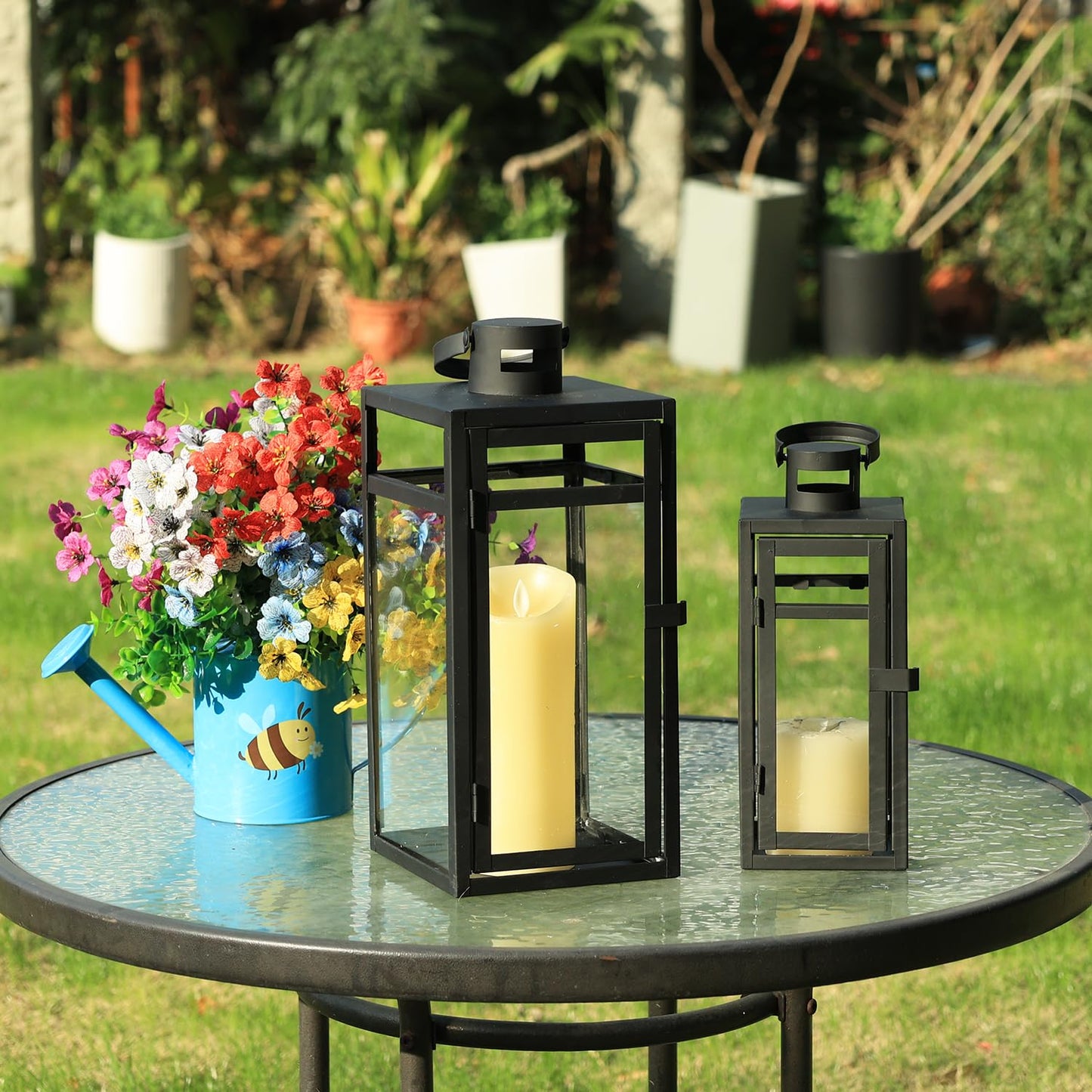 NEEDOMO Stainless Lanterns Decorative Outdoor & Indoor, Set of 3 Outdoor Lanterns for Porch, 22"/ 17"/14" Candle Lantern,Stainless with Glass, Water-Proof Farmhouse, Patio, Pathway, Christmas
