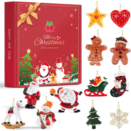 12 PCS Large Christmas Ornaments Set, Sooez Big Cute Resin Hanging Decorations for Xmas Tree, Assorted Santa Snowman Gingerbread Man Figures with Gold Loops for Holiday Home Decor (2.1-3.5 Inch)