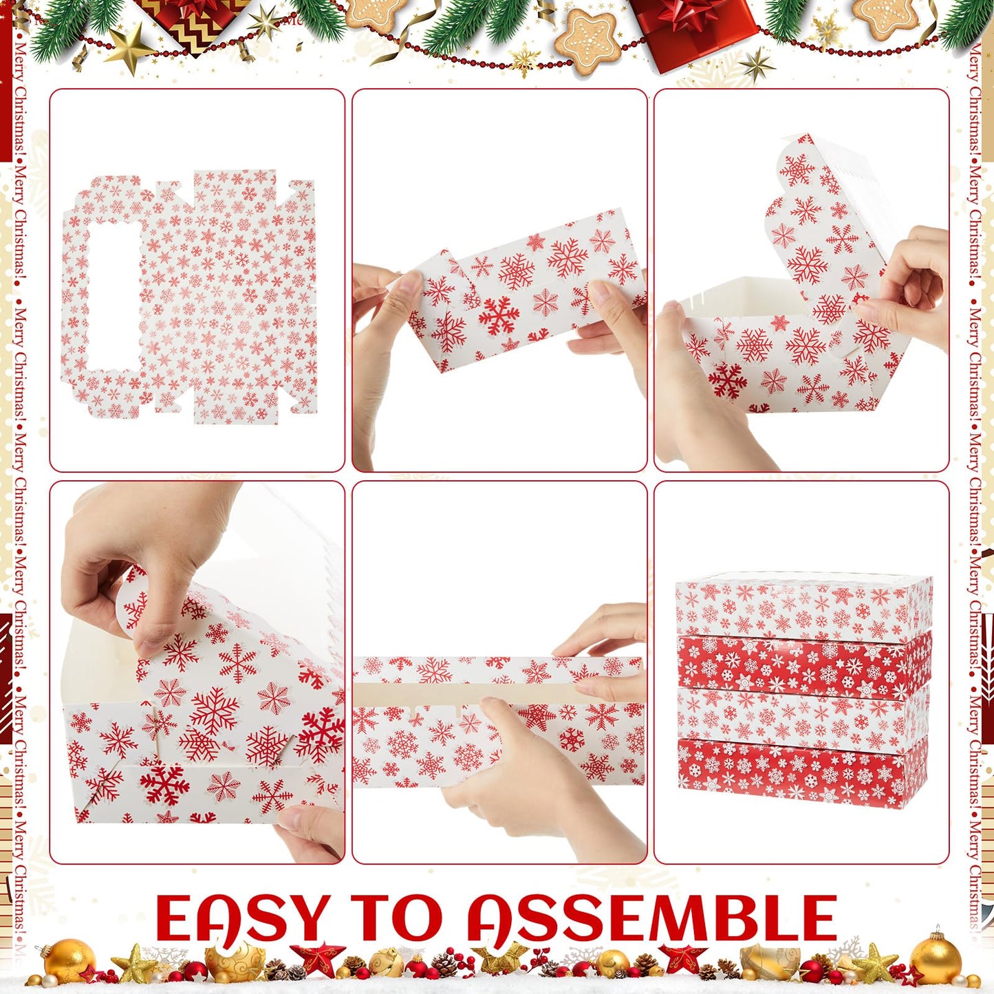 Tenceur 100 Pieces Christmas Cookie Boxes with Window & Lid 12.5 x 5.5 x 2.5 Inch Red and White Snowflake Bakery Boxes Christmas Xmas Candy Treat Food Container for Xmas Gift Wrapping Party Favor