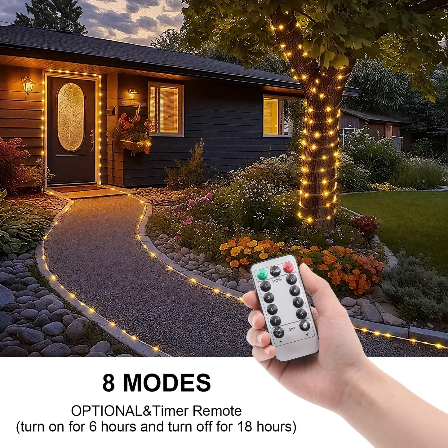 2 Pack Battery Powered String Lights Waterproof with Remote Total 66ft 200LED Timer 8 Modes Battery Operated Outdoor Lights for Christmas Decor Trampoline Camping Tents, Warm White