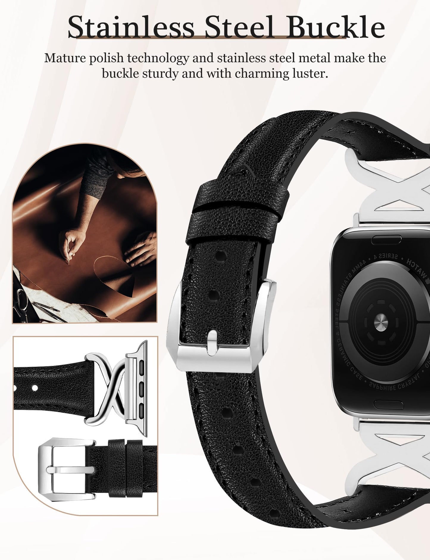 JR.DM Leather Bands Women Compatible with Apple Watch 40mm 38mm 44mm 45mm 41mm 42mm 46mm 49mm Dressy Slim Fancy Strap with X-Shaped Metal Crown for iWatch Series Ultra/SE/11/10/9/8/7/6/5/4/3/2/1 Black