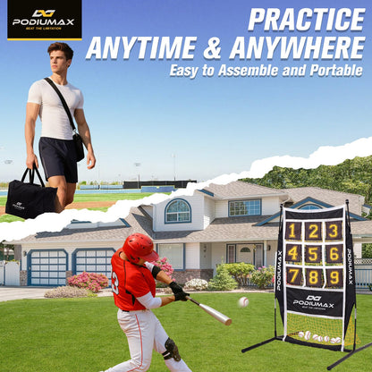 PodiuMax Baseball & Softball Pitching Net, 9 Hole Target Net with Strike Zone, Large Ball Collection System, Solo Practice for Backyard Park Field, Portable Baseball Throwing Trainer with Carry Bag