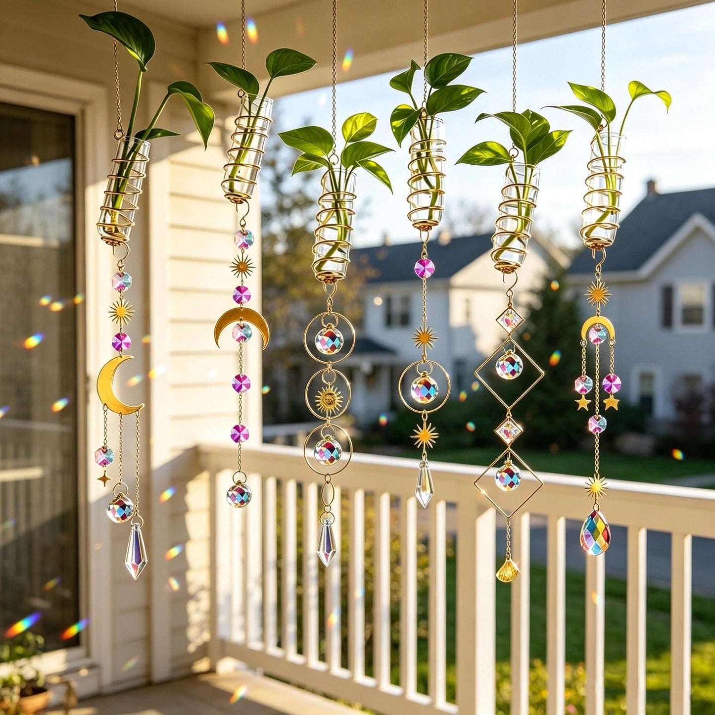 HDCRYSTALGIFTS 6Pcs Crystal Suncatchers with Propagation Stations,Glass Wall Planters for Indoor Plants Hydroponics - Propagation Tubes Jars with Sun Catchers Metal Chain for Home Whimsical Decor