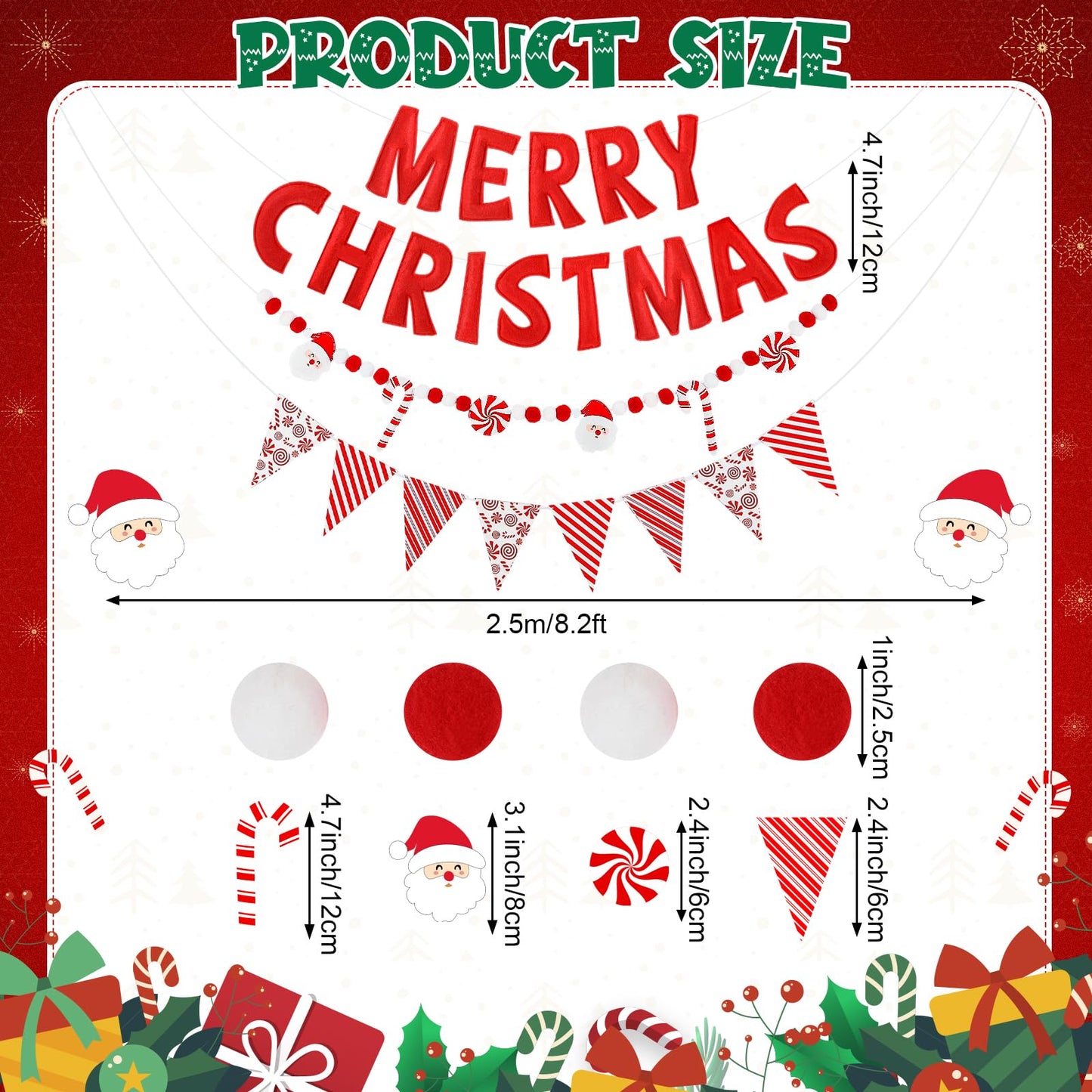 VitalCozy 3 pcs Pre Strung Merry Christmas Banner Felt Merry Christmas Garland Felt Pennant Flag Xmas Sign Outdoor Indoor Decoration for Holiday Party Supplies Home Porch(Red, White, Candy Cane)