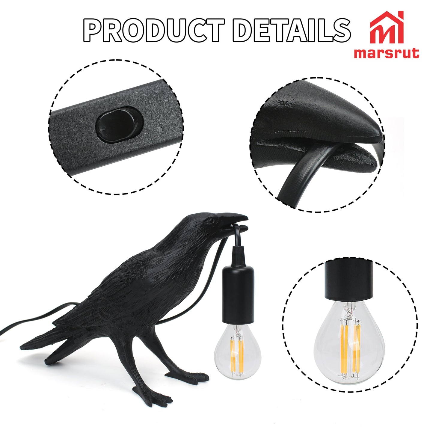 Crow Lamp Holding Light Bulb, Raven Bird Halloween Table Lamp Home Decor, Dark Academia Gothic Styling, Victorian Lifelike Novelty Animal, for Bedside Bedroom Living Room Desk Floor, 11.6 x 6.9 inches
