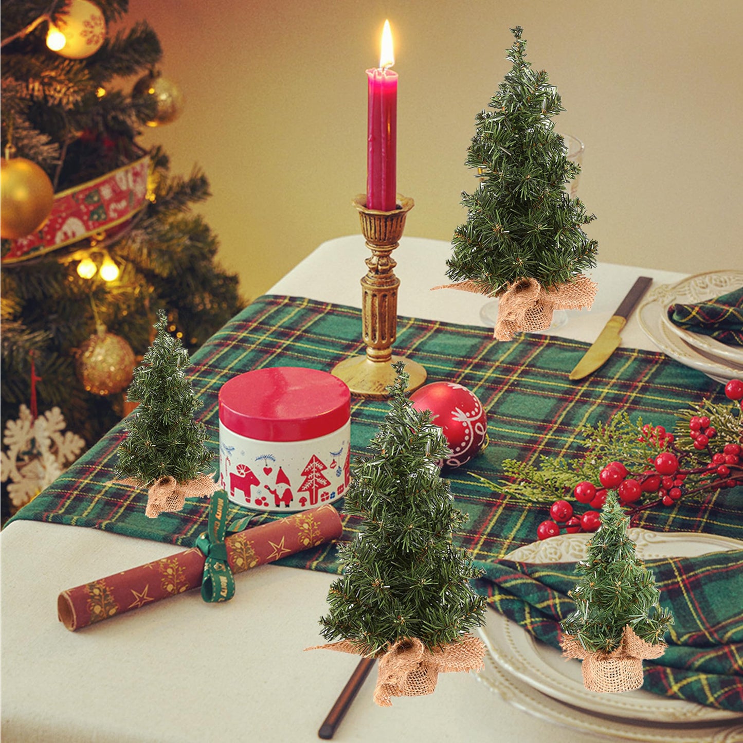 4 Pack Tabletop Mini Christmas Tree, 7.87" / 11.81" Artificial Miniature Pine Christmas Tree with Linen Base Perfect for Christmas Decorations, Home, Kitchen, Dining Table