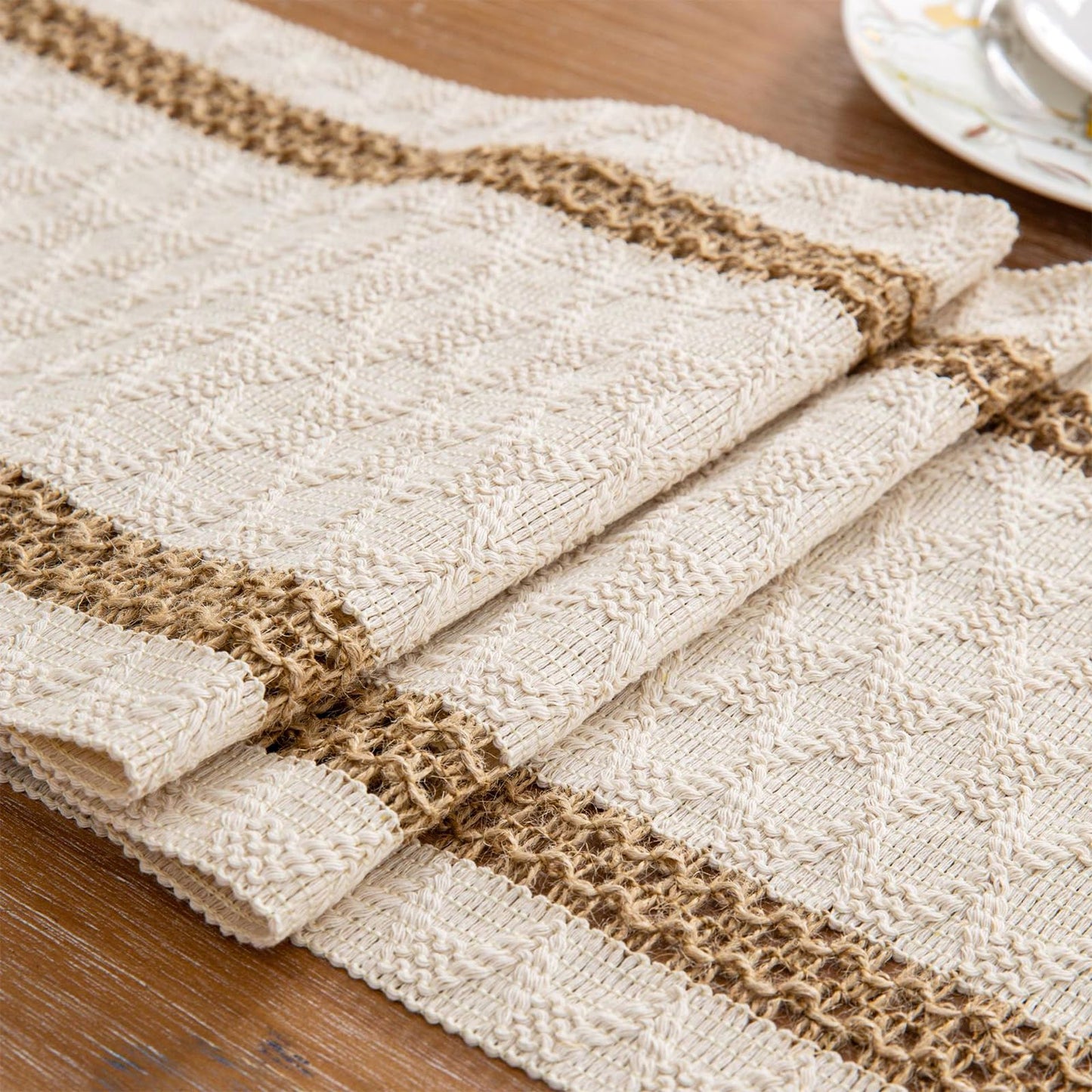 Niviy Boho Table Runner 108 Inches Long Summer Farmhouse Macrame Table Runner Cotton Linen Woven Table Runners for Fall Dining Table Home Decor, Beige & Brown