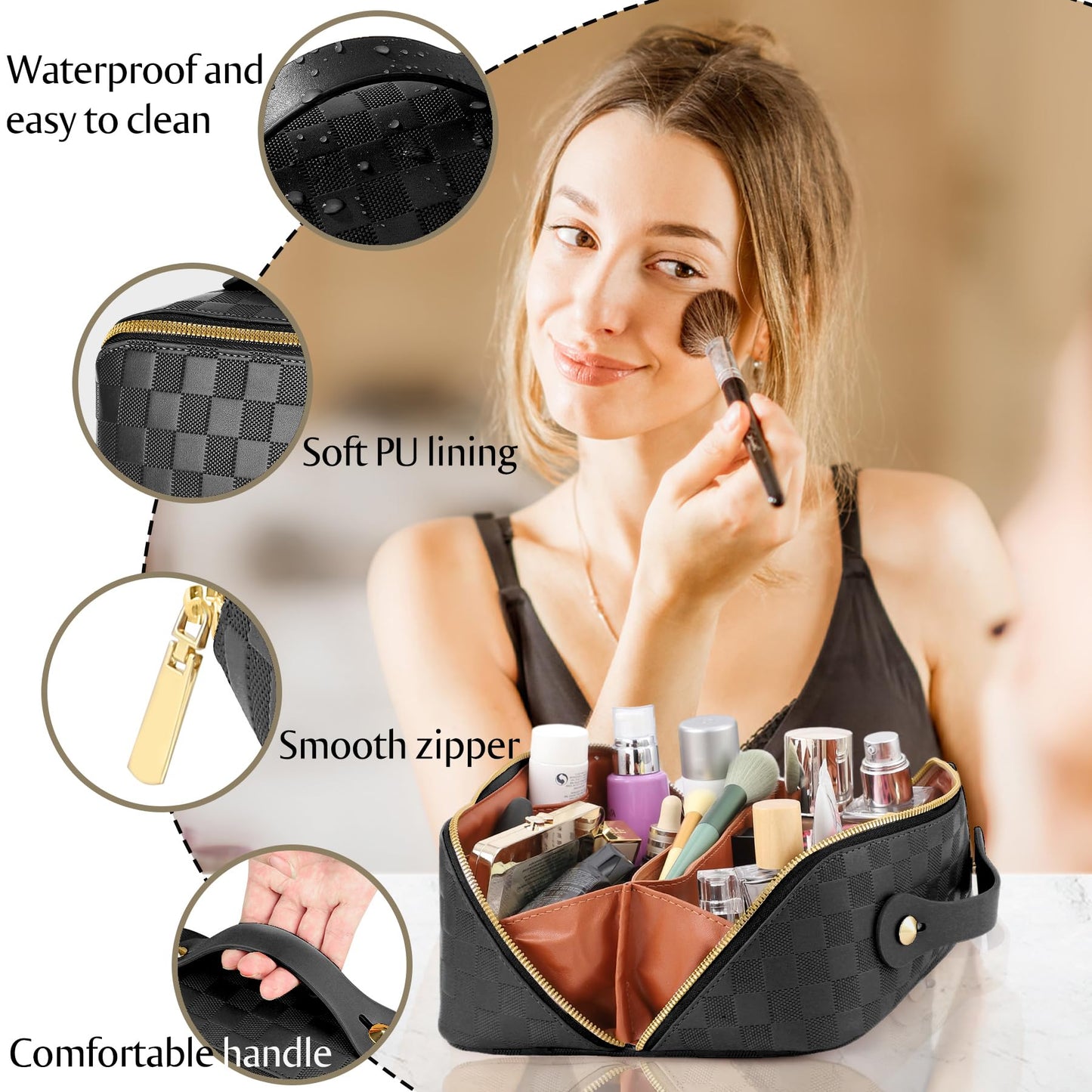 ALEXTINA Large Capacity Travel Cosmetic Bag - Portable Makeup Bags for Women Travel Toiletry Bag Waterproof Leather Checkered Makeup Organizer Bag for Travel Essentials, Open Flat Make up Bag, Black