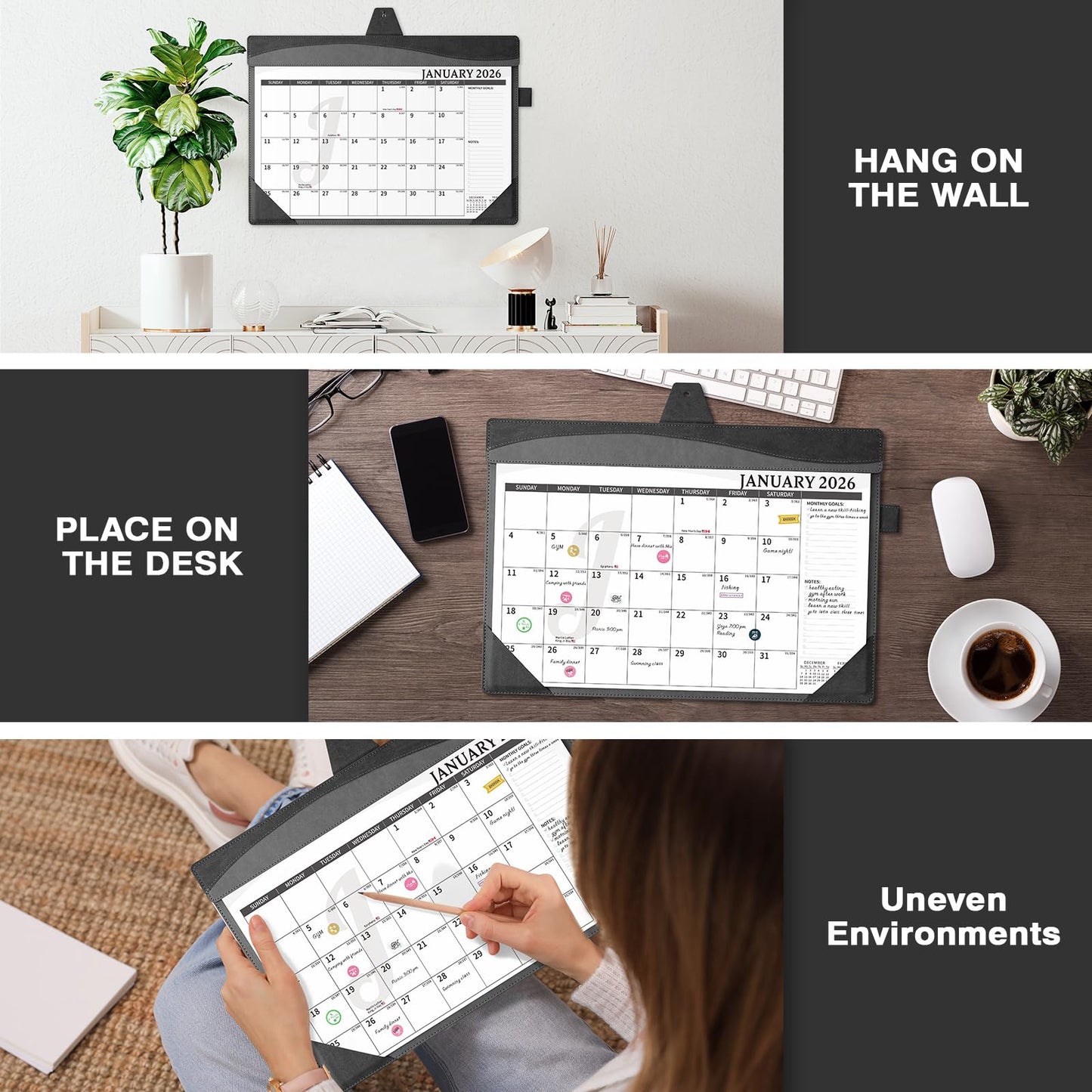 Ospelelf Leather Desk Calendar 2026-2027 with Storage Pocket Protective Cover Large 12"x17" Monthly Planner Pad 18 Months January 2026 - June 2027 Black