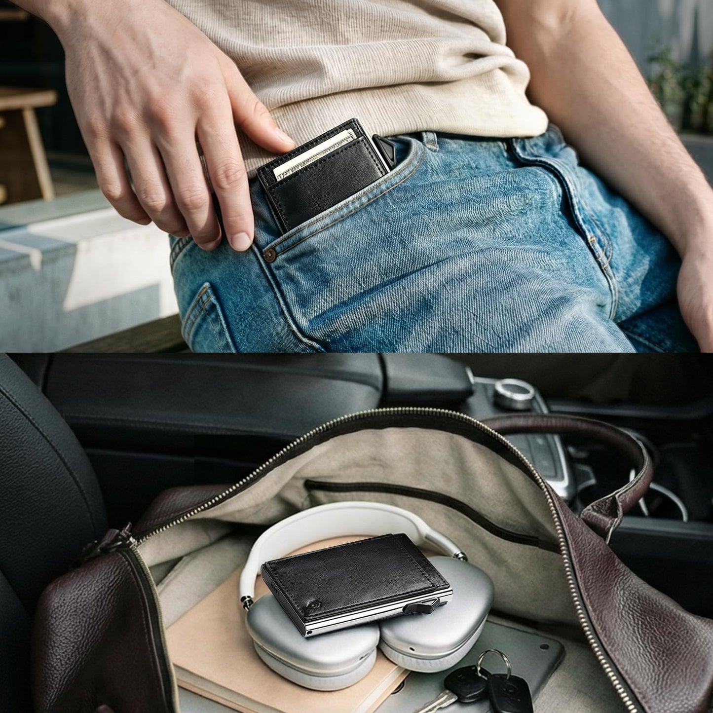 Bauhaus Slim Wallet for Men | RFID NFC Blocking Automatic Ejector | Pop-Up Card Holder Premium Leather Front Pocket Minimalist Mens Wallet Holds 7 Cards + ID + Cash | Gift for Men Black and Sliver