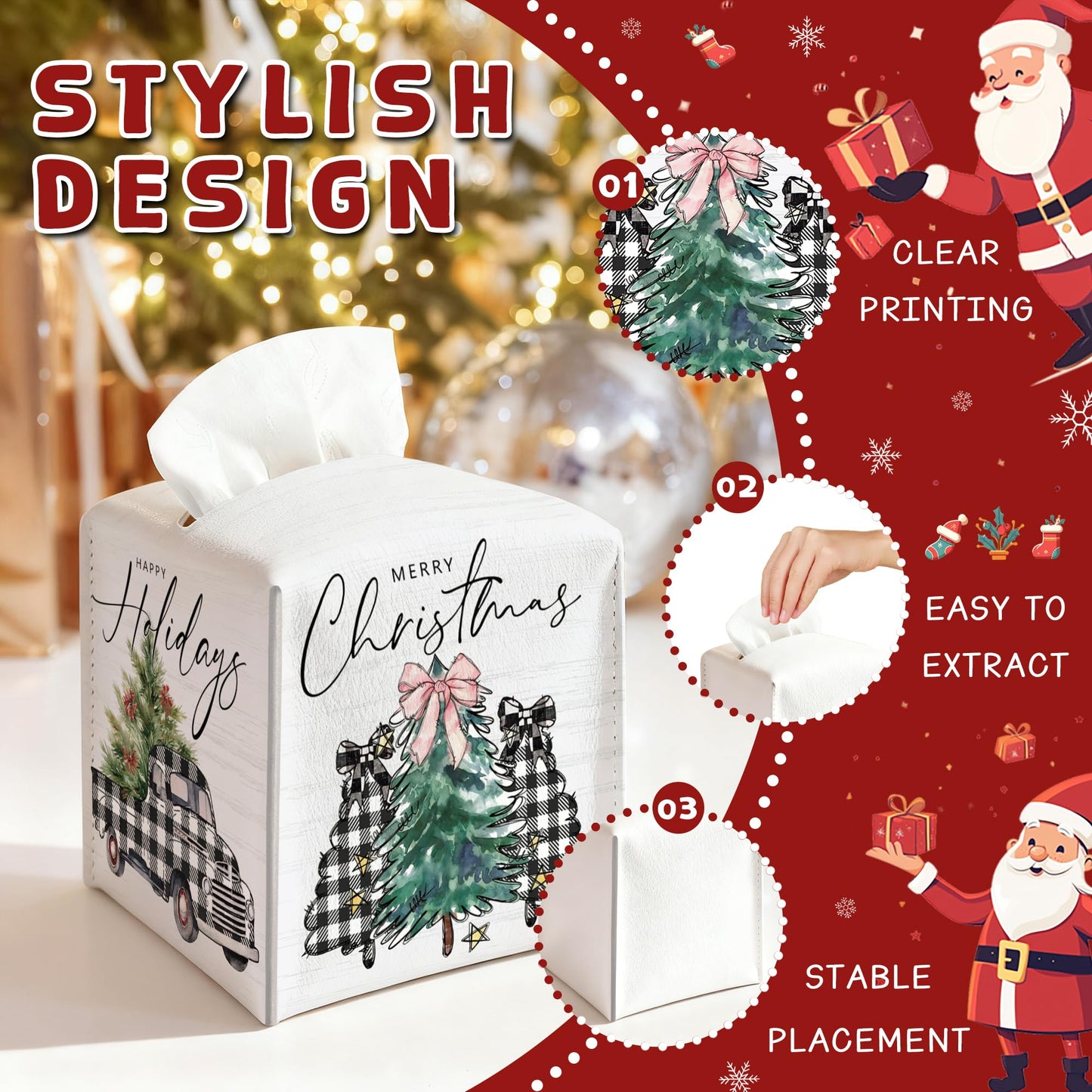 Christmas Box Cover Square, Buffalo Plaid Truck Trees Decorative Tissue Box Holder, Waterproof Leather Tissues Boxes Dispenser for Bathroom, Bedroom Nightstand, Office, Car Home Decor