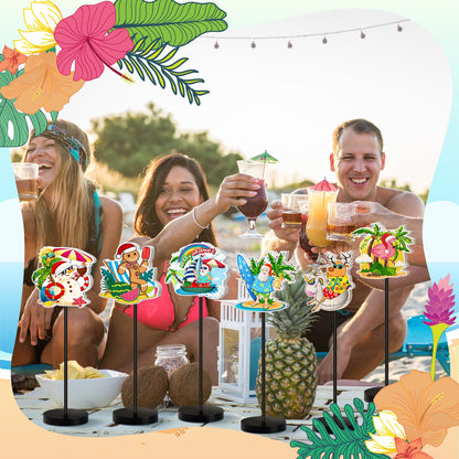 DoubleFill 6 Pcs Christmas Table Decor Standing Signs Hawaii Decoration for Table Centerpieces Wooden Sign Santa Flamingo Palm Tree Beach Party Tabletop Decor for Home Office Room Desk