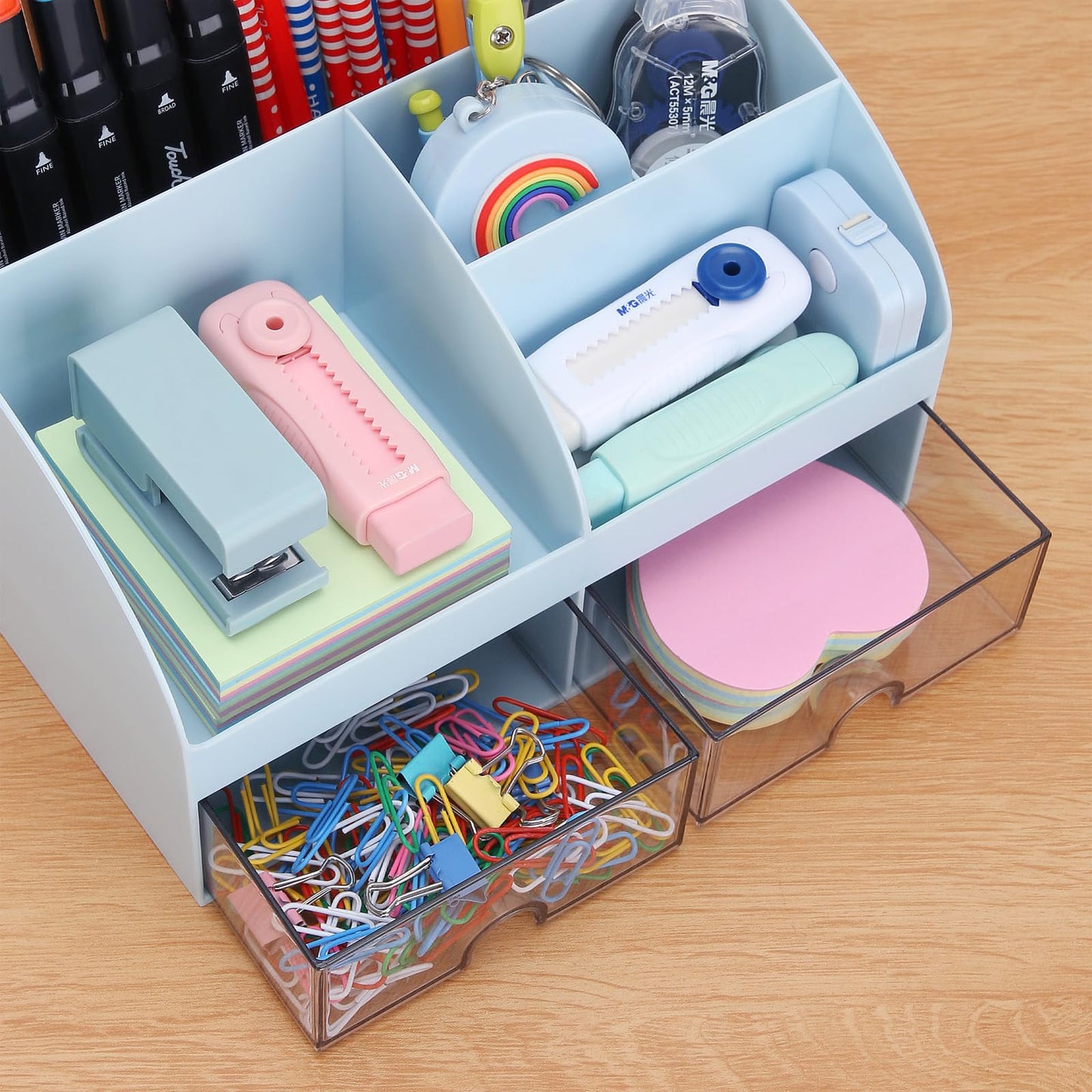 Office Desk Organizer with Drawers for Desktop/Tabletop/Counter, Desk Top Accessories Stationary Organizer Desk Caddy, Pen/Pencil/Business Card/Sticky Note Tray/Paperclip Holder Storage Box (Blue)