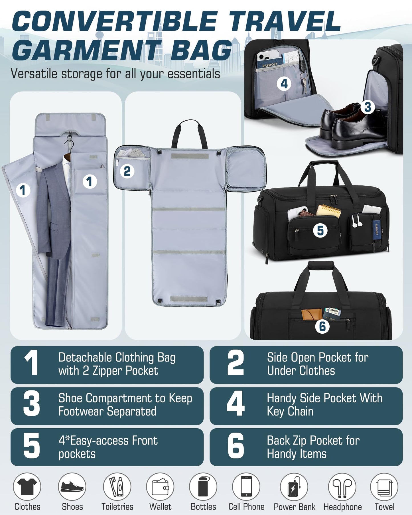 RAINSMORE Convertible Garment Bags for Travel, 45L Garment Duffle bag for Hanging Clothes, 3 in 1 Suit Travel Bag for Business Trips with Shoulder Strap, Carry On Suit Luggage for Men Women, Black