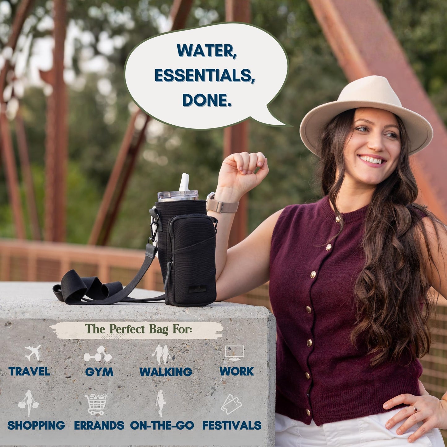 SOLLY AND RUE Water Bottle Sling Bag Crossbody Water Bottle Holder with Strap & Phone Pocket Insulated Carrier for Stanley & Hydro Flask up to 40oz Travel & Walking Companion