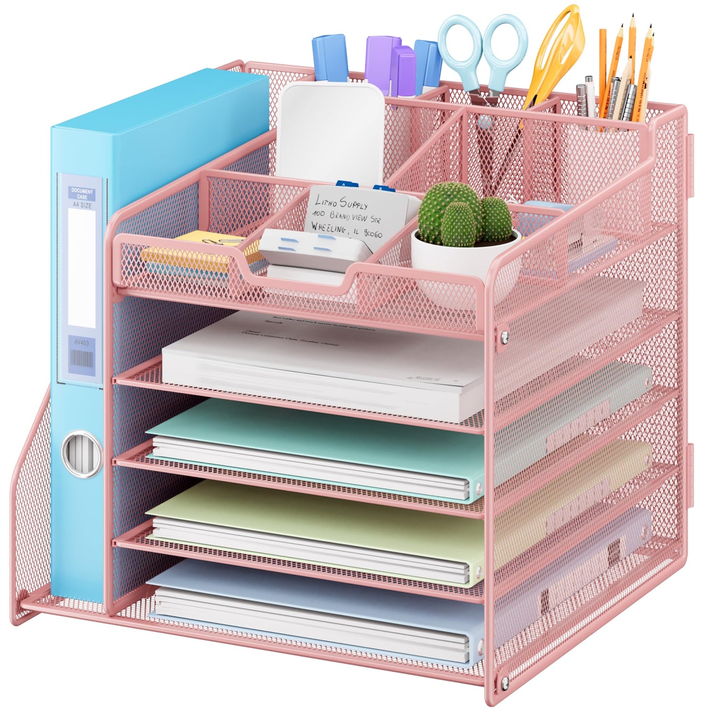 Lavatino Desk Organizer, 5-Tier Metal Mesh Paper Letter Tray with File Holder & 7 Flexible Dividers for Office or Home Desk Organizers and Accessories, Keep Workspace Supplies Neat & Organized, Pink