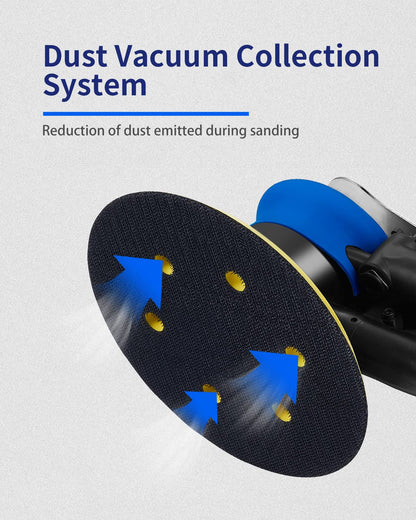 meite Random Orbital Sander 5 Inch Pad with Dust Collection System, DA Palm Sander with Variable Speed & Low Vibration, Ergonomic Pneumatic Air Sander for Professional & DIY Woodworking