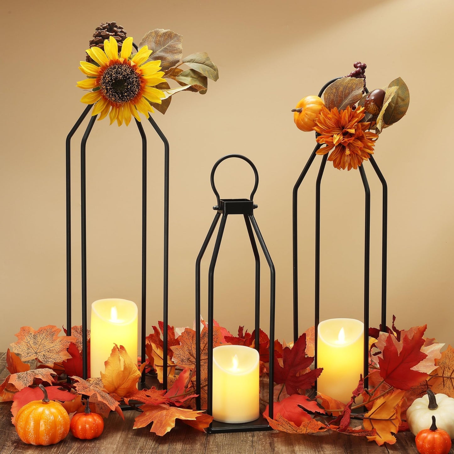 Perfnique Modern Farmhouse Lanterns, Set of 3 Black Metal Lanterns w/ 6hr Timer Flickering Flameless Candles, Decorative for Outdoor Decor, Front Porch, Indoor, Patio, Garden, Fireplace, Christmas