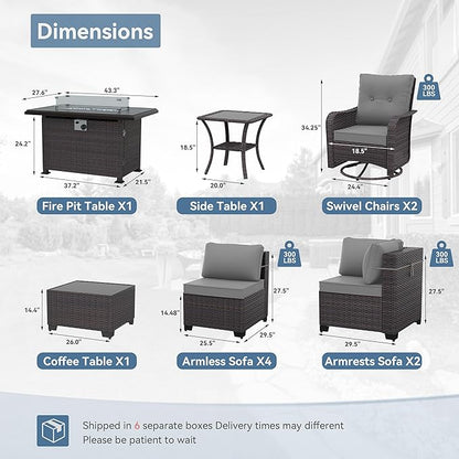 Kurapika 11 Pieces Patio Furniture Set, Rattan Wicker Outdoor Conversation Sets w/43in Propane Fire Pit Table, Swivel Rocking Chairs Patio Sectional Sofa w/4 Inch Cushion, Grey
