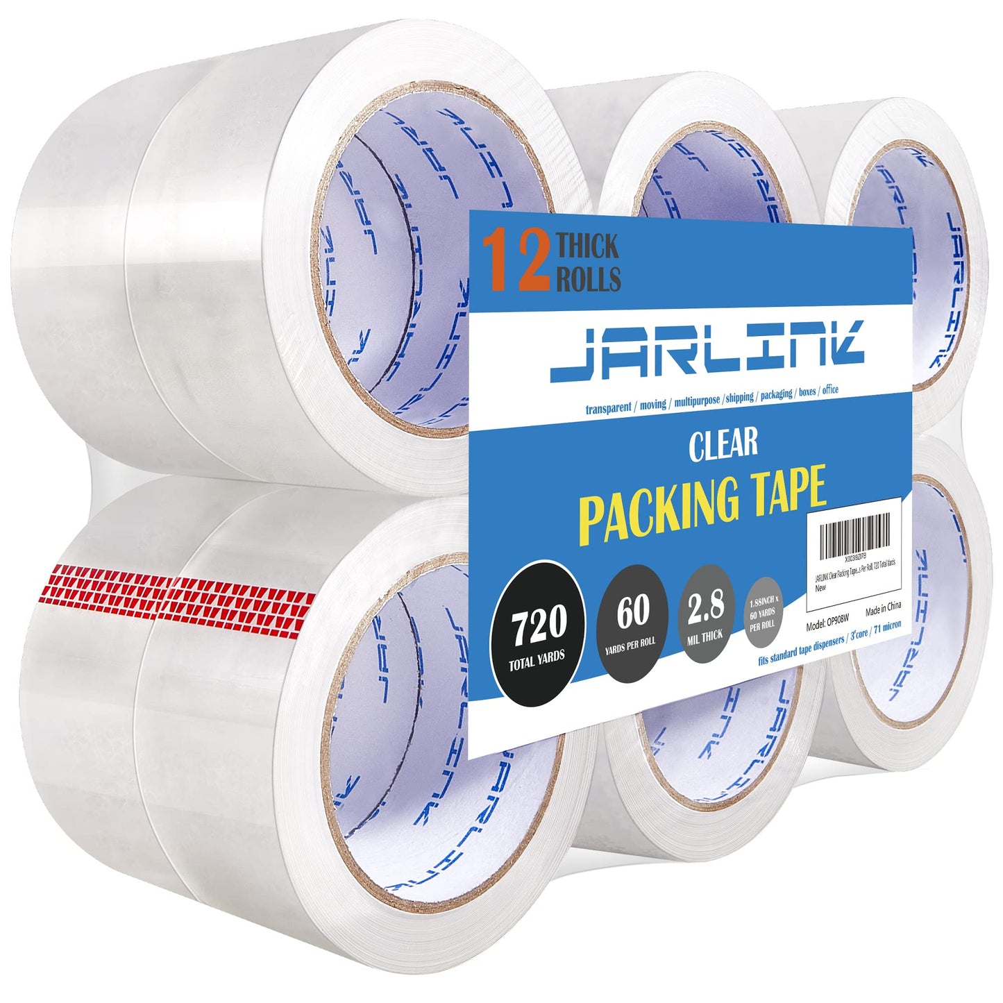 JARLINK Clear Packing Tape (12 Rolls), Heavy Duty Packaging Tape for Shipping Packaging Moving Sealing, Stronger & Thicker 2.8mil, 1.88 inches Wide, 60 Yards Per Roll, 720 Total Yards