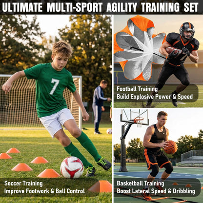 MUROZA Agility Ladder, Agility Speed Training Equipment Set, 20ft Speed Ladder, 12 Soccer Cones, 4 Hurdles, Jump Rope, Running Parachute, Soccer Football Basketball Training Equipment Accessories