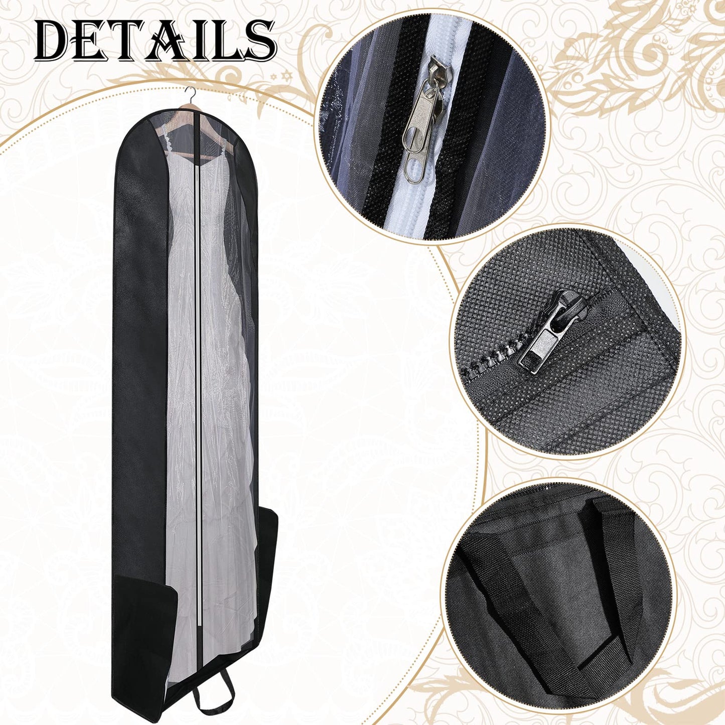 Fabbay 2 Pcs 70" Bridal Wedding Gown Dress Garment Bag Extra Large Long Foldable Portable Travel Covers Garment Bags Hanging Luggage Storage with Pockets for Women's Prom, Gusseted Black