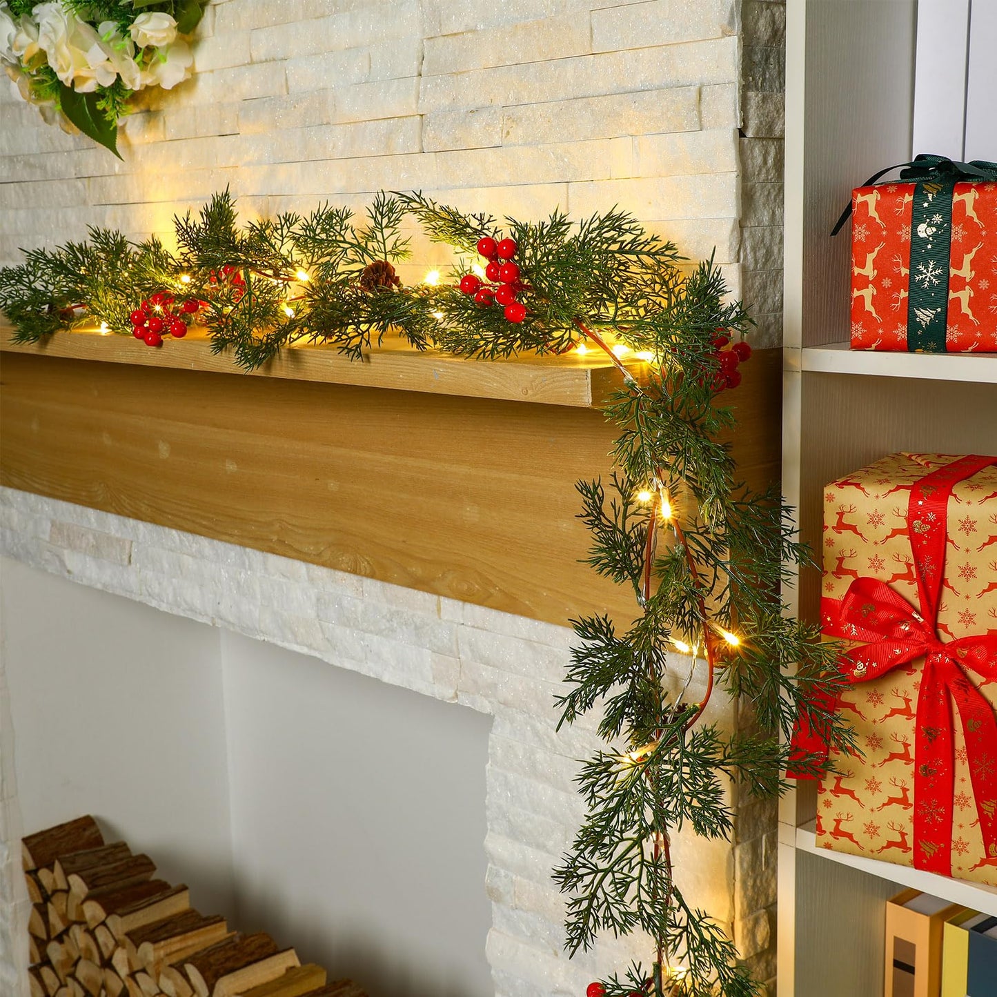 Spiareal 1 Pcs 9 ft Christmas Garland with Light Christmas Lighted Pine Garland Prelit Battery Operated Cedar Pine Cone Red Berry Greenery for Mantle Fireplace Decor