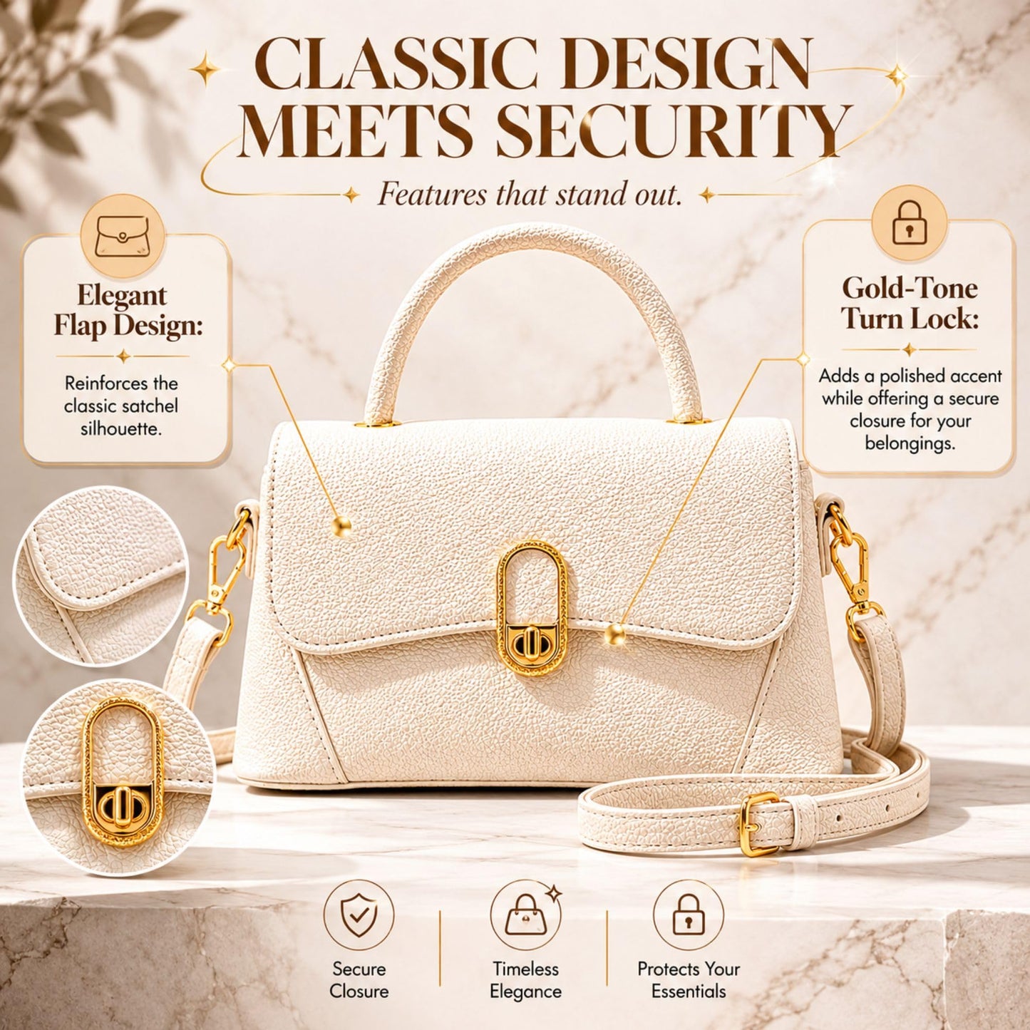 Crossbody Bag for Women Small Satchel Purse, Pebbled PU Leather Handbag with Top Handle, Adjustable Strap, Gold Turn Lock, Zip Pocket, White Everyday Shoulder Bag